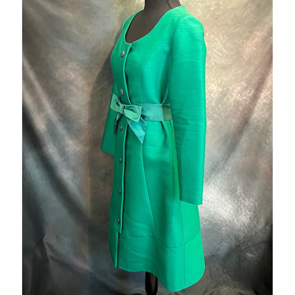 Vintage 1959–62 Emerald Shantung Cocktail Coat Crystal Buttons & Satin Bow‎ Belt - Picture 4 of 9